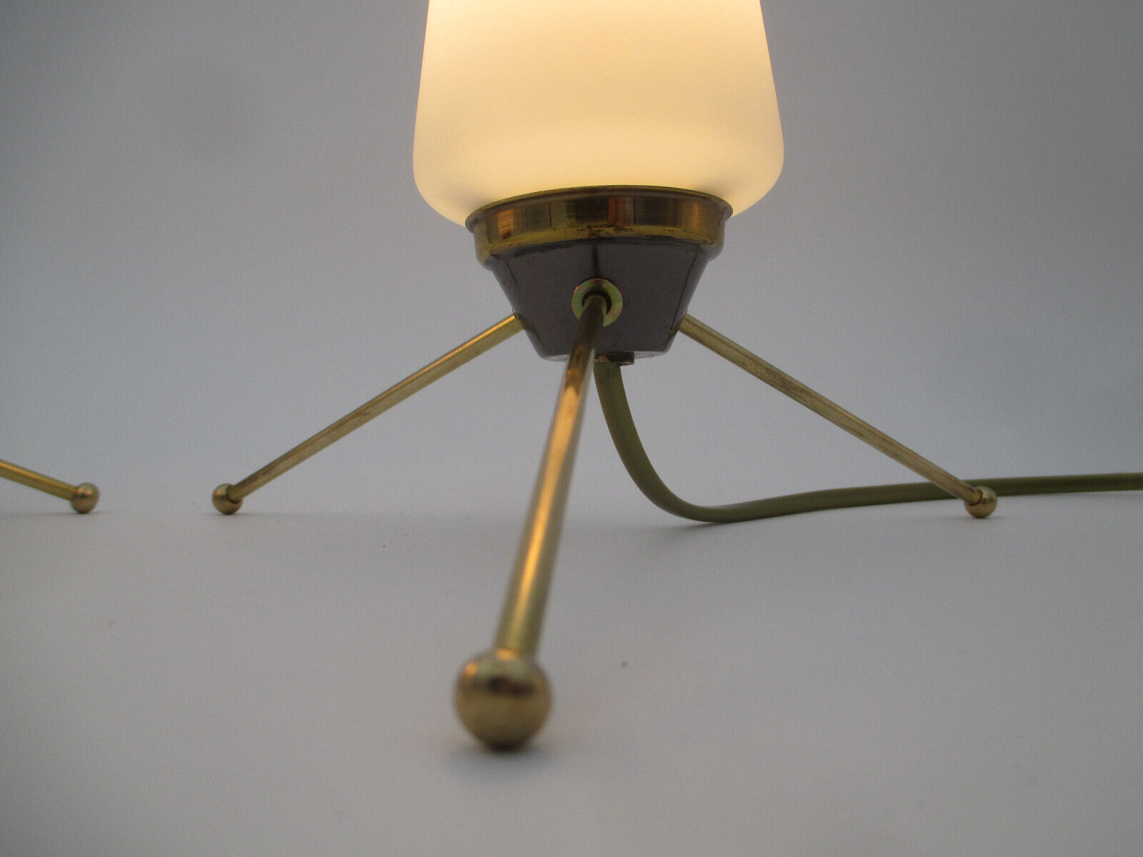 Pair of vintage brass tripod lamps and opaline tulips