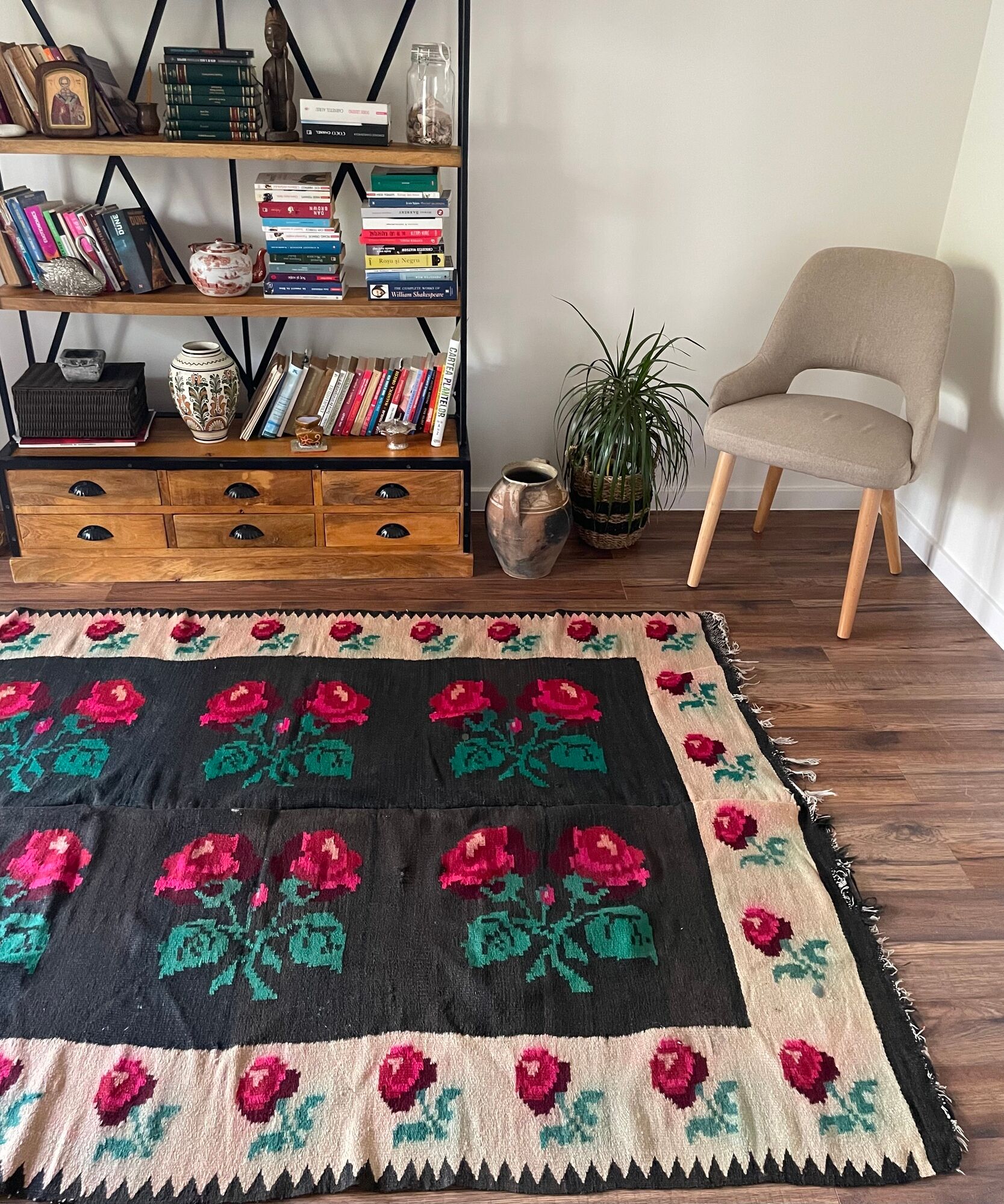 Very Old Romanian floral handwoven carpet made in wool, bohemian design