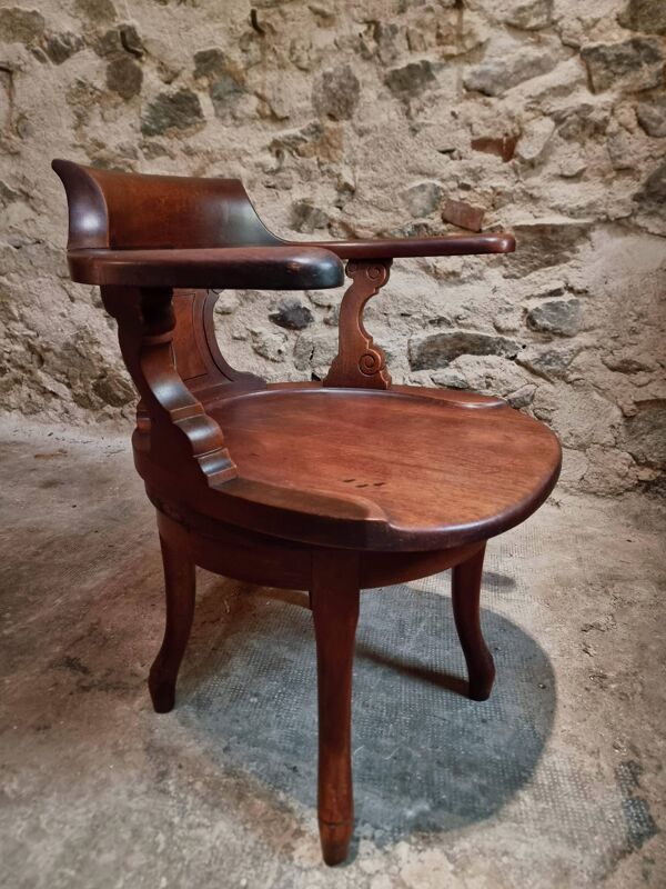 Chaise de bureau ancienne en bois – fauteuil capitaine pivotant – fauteuil en noyer – début 1900