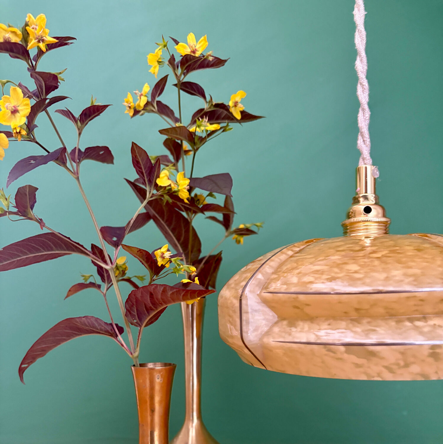 Vintage art deco pendant light with a yellow and white Clichy glass lampshade