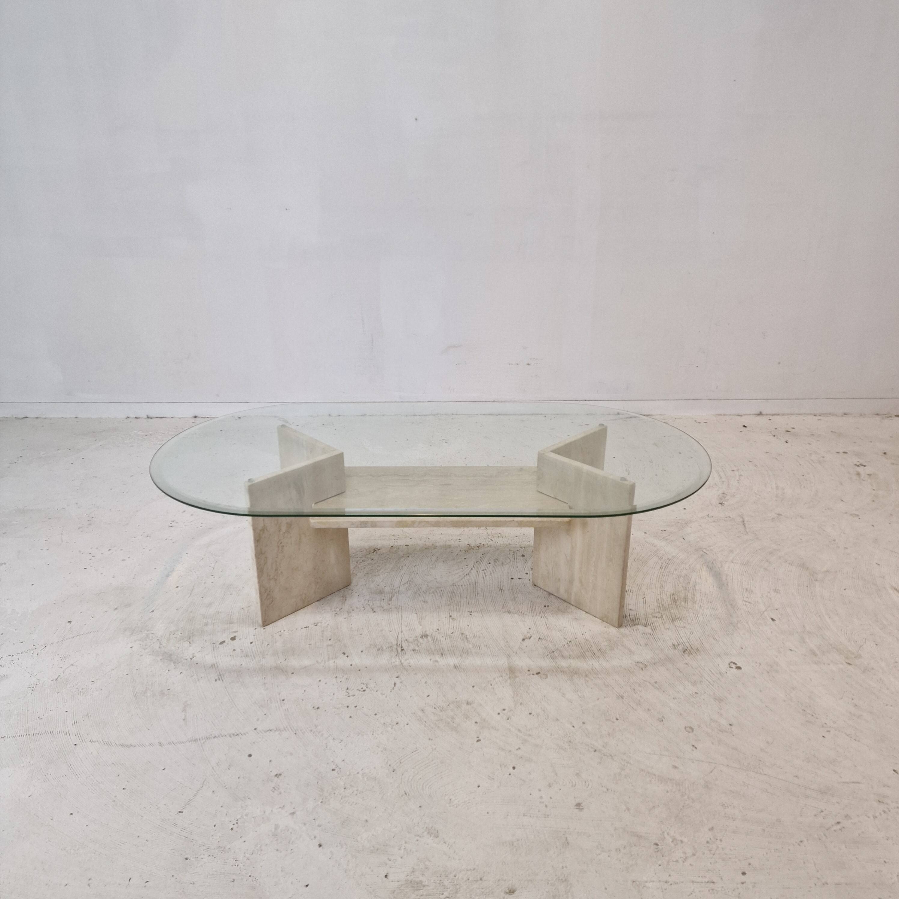 Italian Coffee Table in Travertine and Facet Cut Glass, 1980s