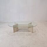 Italian Coffee Table in Travertine and Facet Cut Glass, 1980s