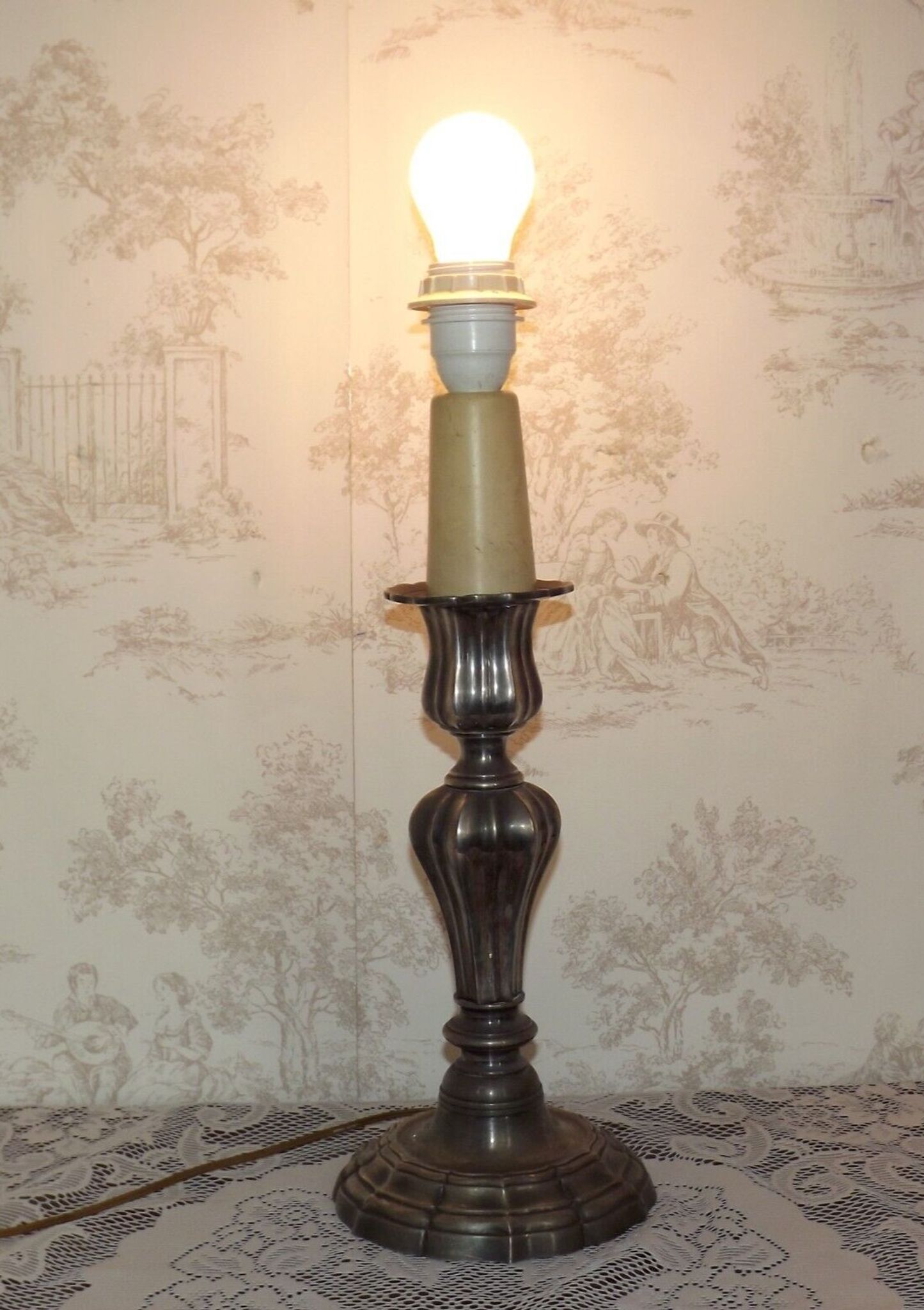 French vintage heavy silver metal table lamp with candle drip detail 4155