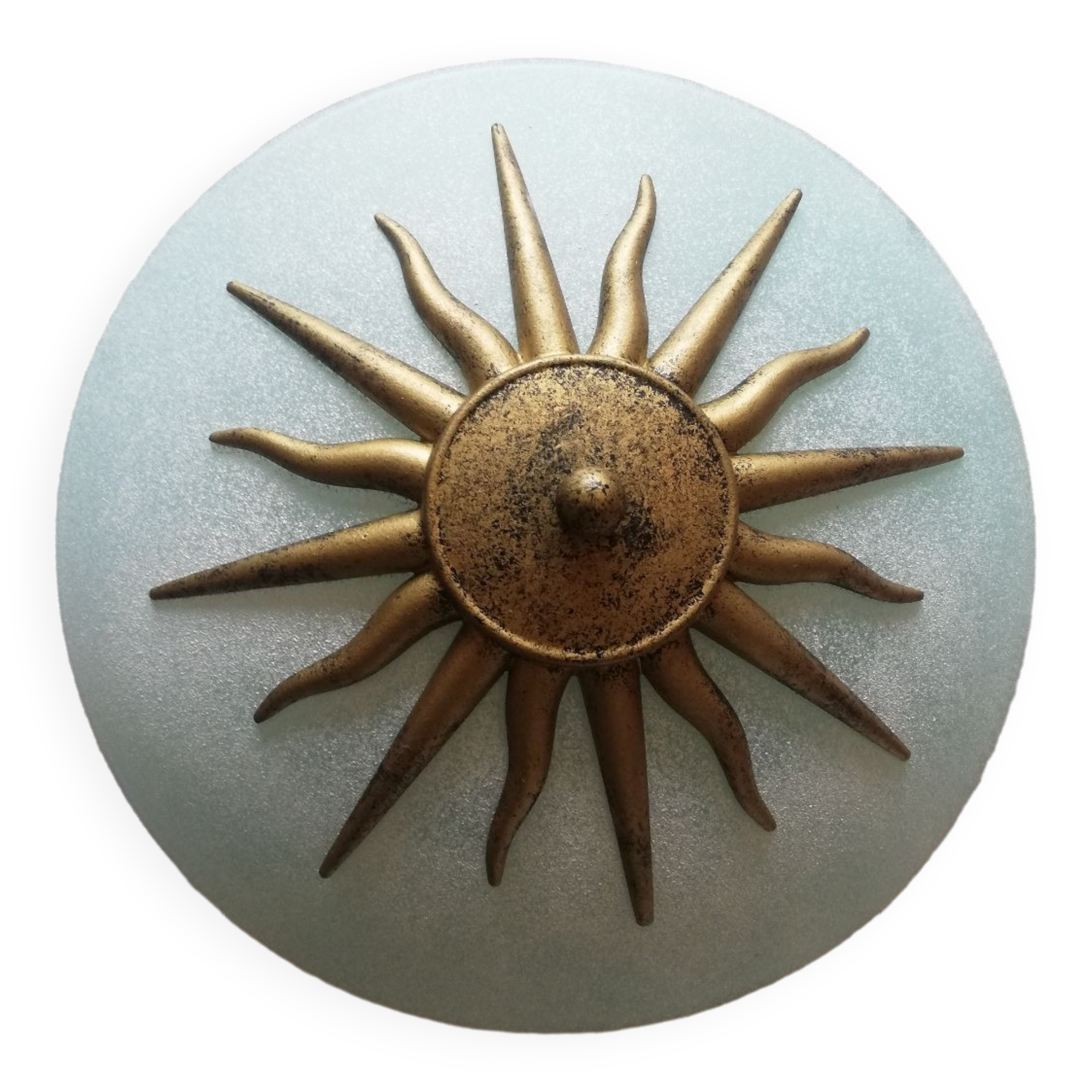 White opaque glass ceiling light and golden metal sun