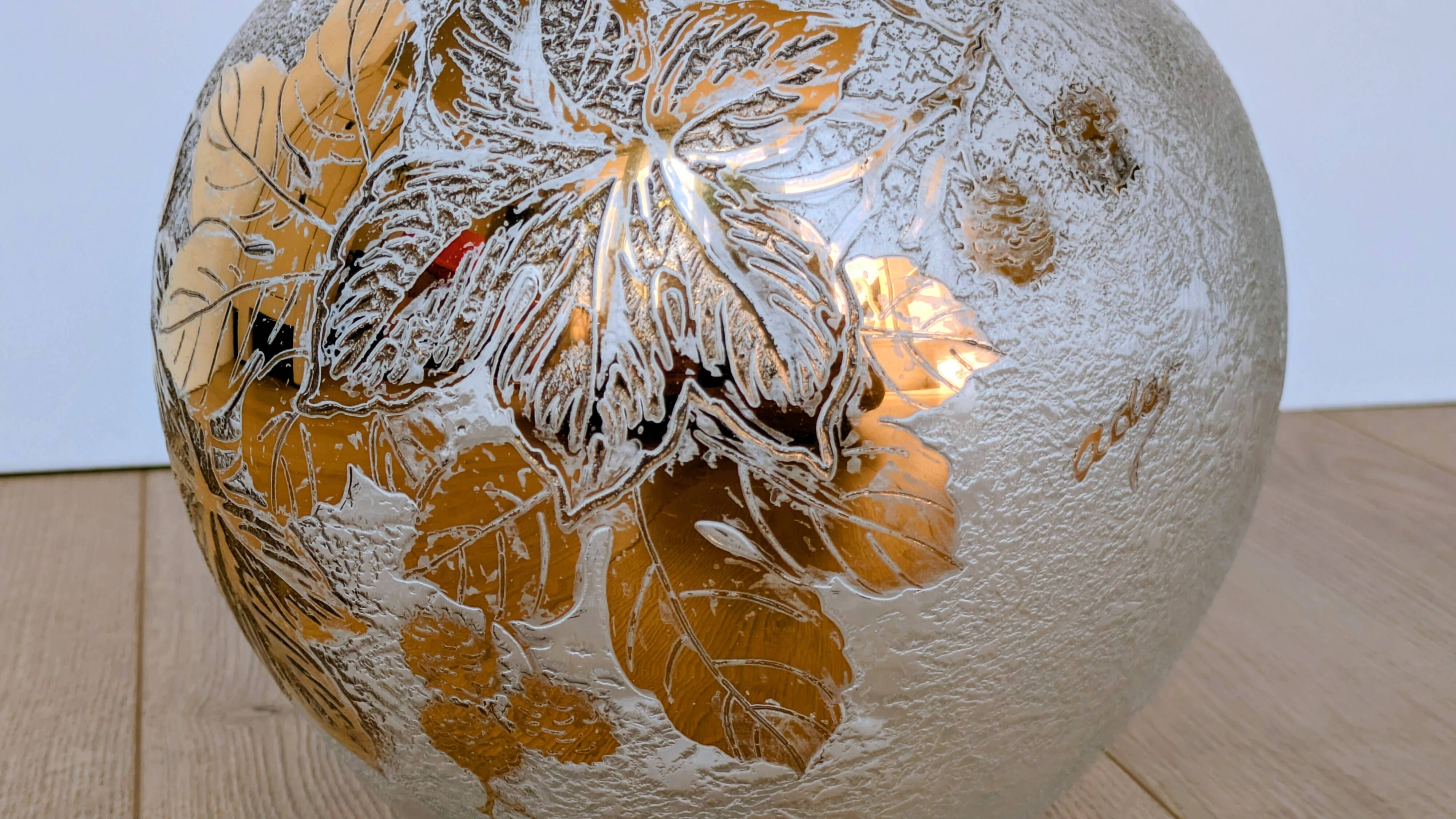 Frosted Glass Ball Vase with Golden Botanical Decoration — Signed Adat — Circa 1950
