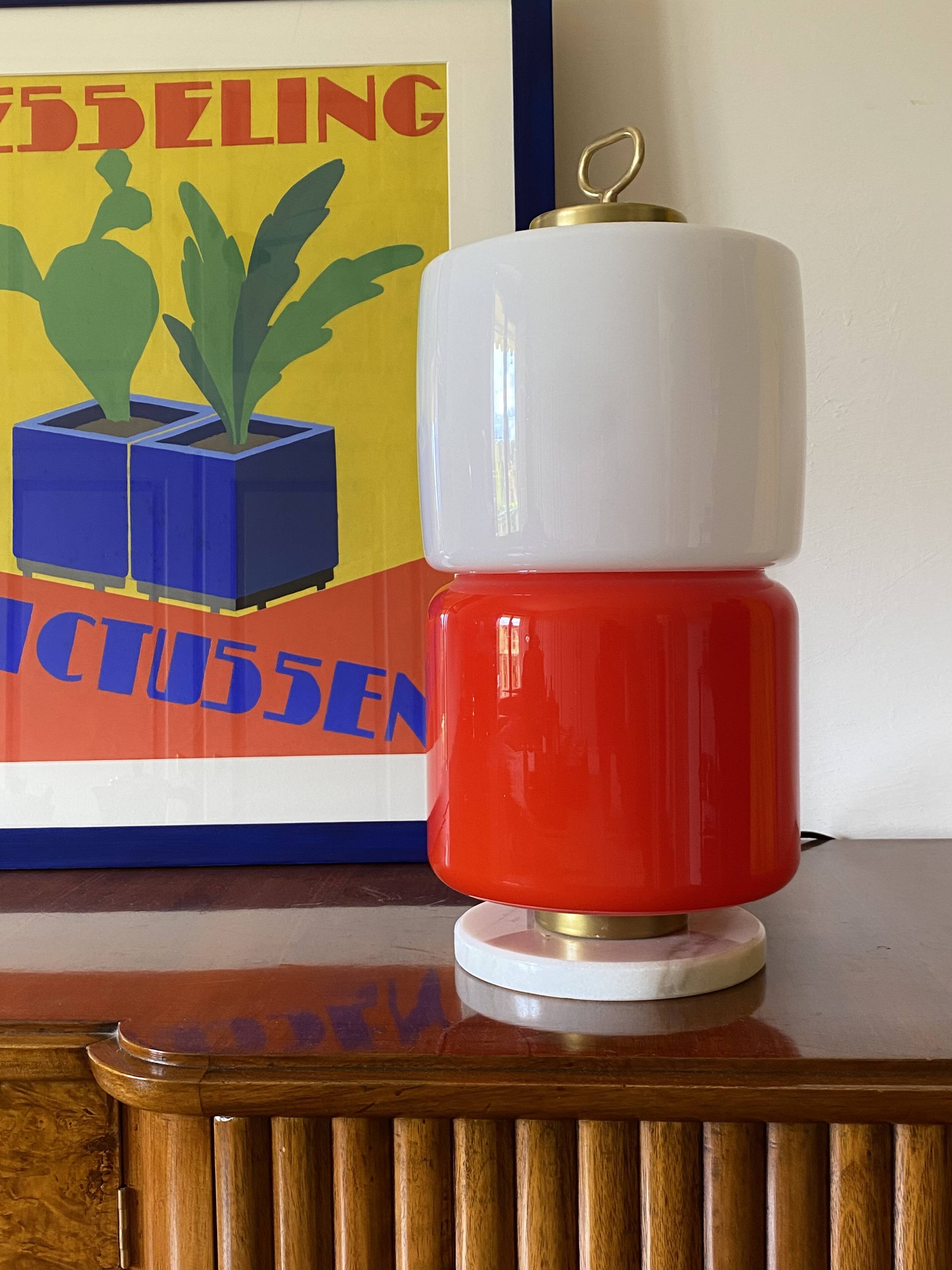 Space Age Red and white glass cylindrical table lamp, Italy 1970s