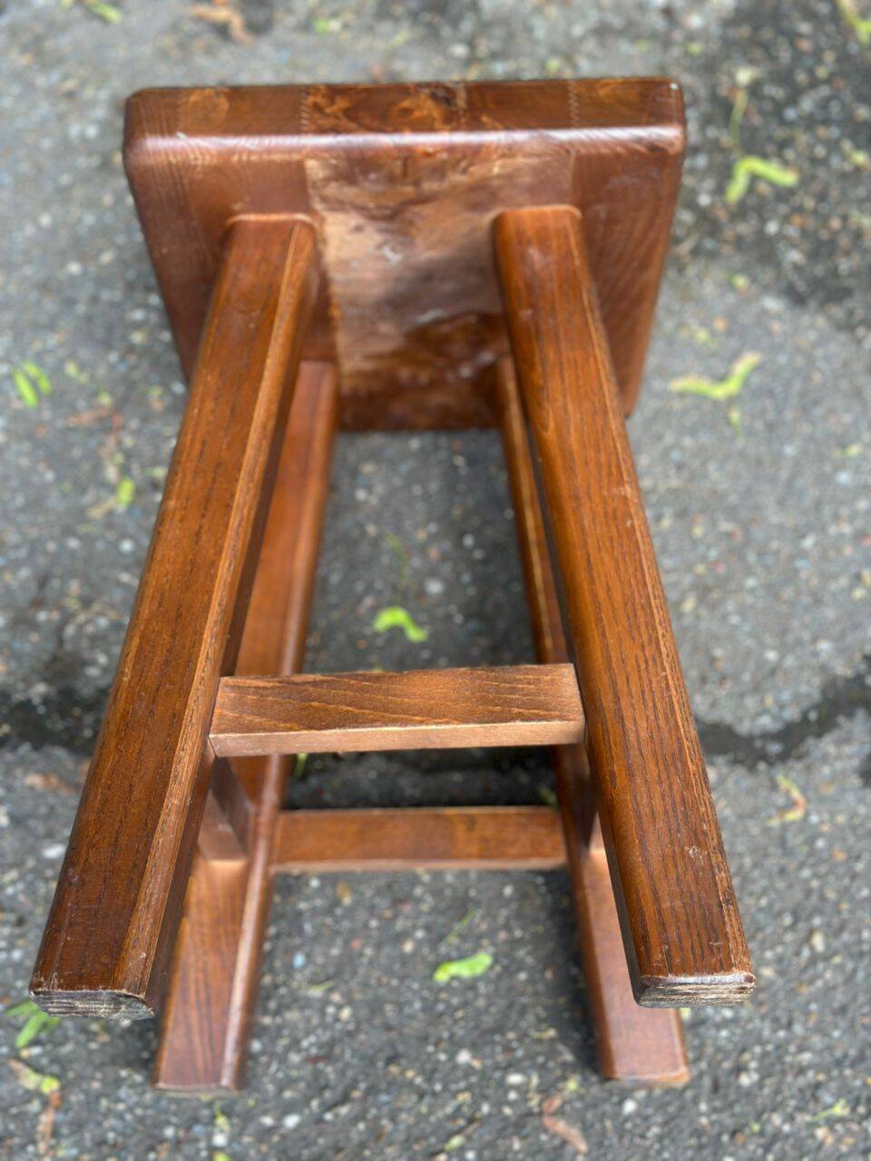 Vintage square farmhouse stool in solid wood from the 1960s.