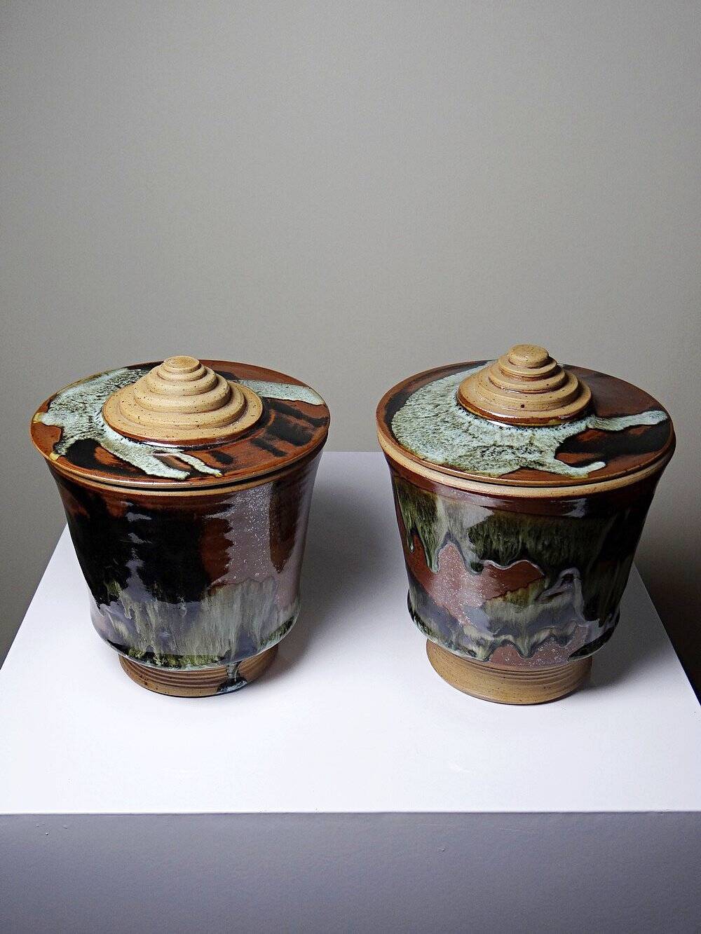 Pair of vintage 80s-90s Japanese-style stoneware pots, studio pottery, handcrafted and signed