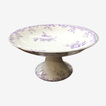 Old compotier in white and purple earthenware