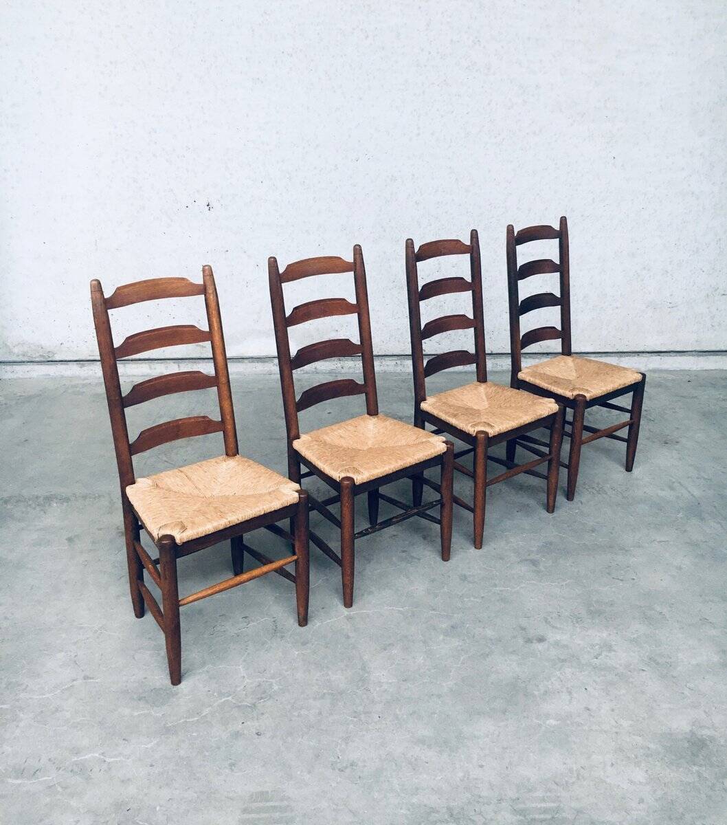 Rustic Ladder Back Oak and Rush Dining Chairs, 1960s, Set of 4