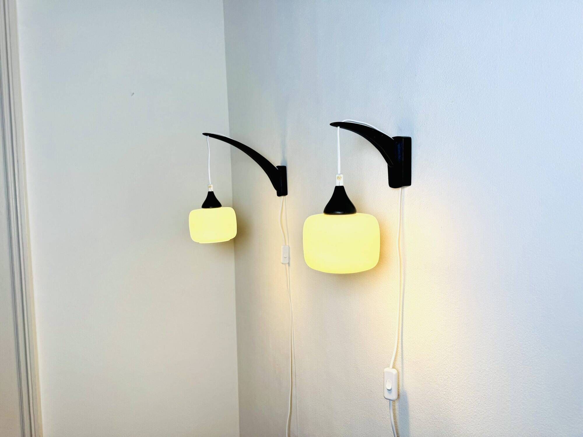 Set Of Single-Arm Wall Lamps In Teak And Opaline Glass By Uno & Östen Kristiansson For Luxus, Sweden 1960S