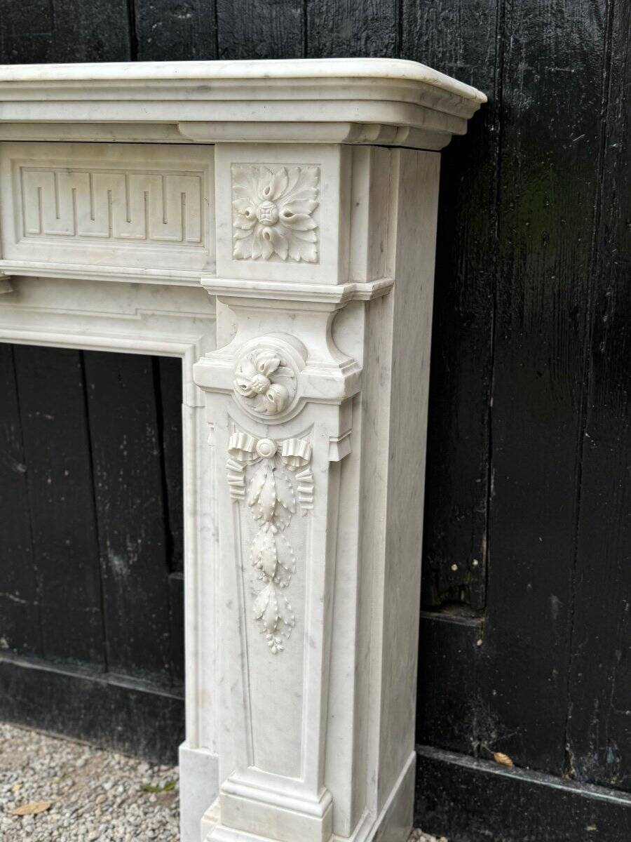 Louis XVI Style Fireplace in White Carrara Marble Circa 1880