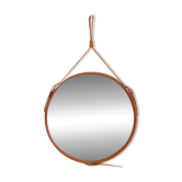 Miroir fait main de style J. Adnet en cuir tanné végétal de couleur tan, ø 70 cm