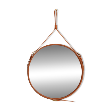 Handmade J. Adnet style mirror in tan color veg-tanned leather, ø 70 cm