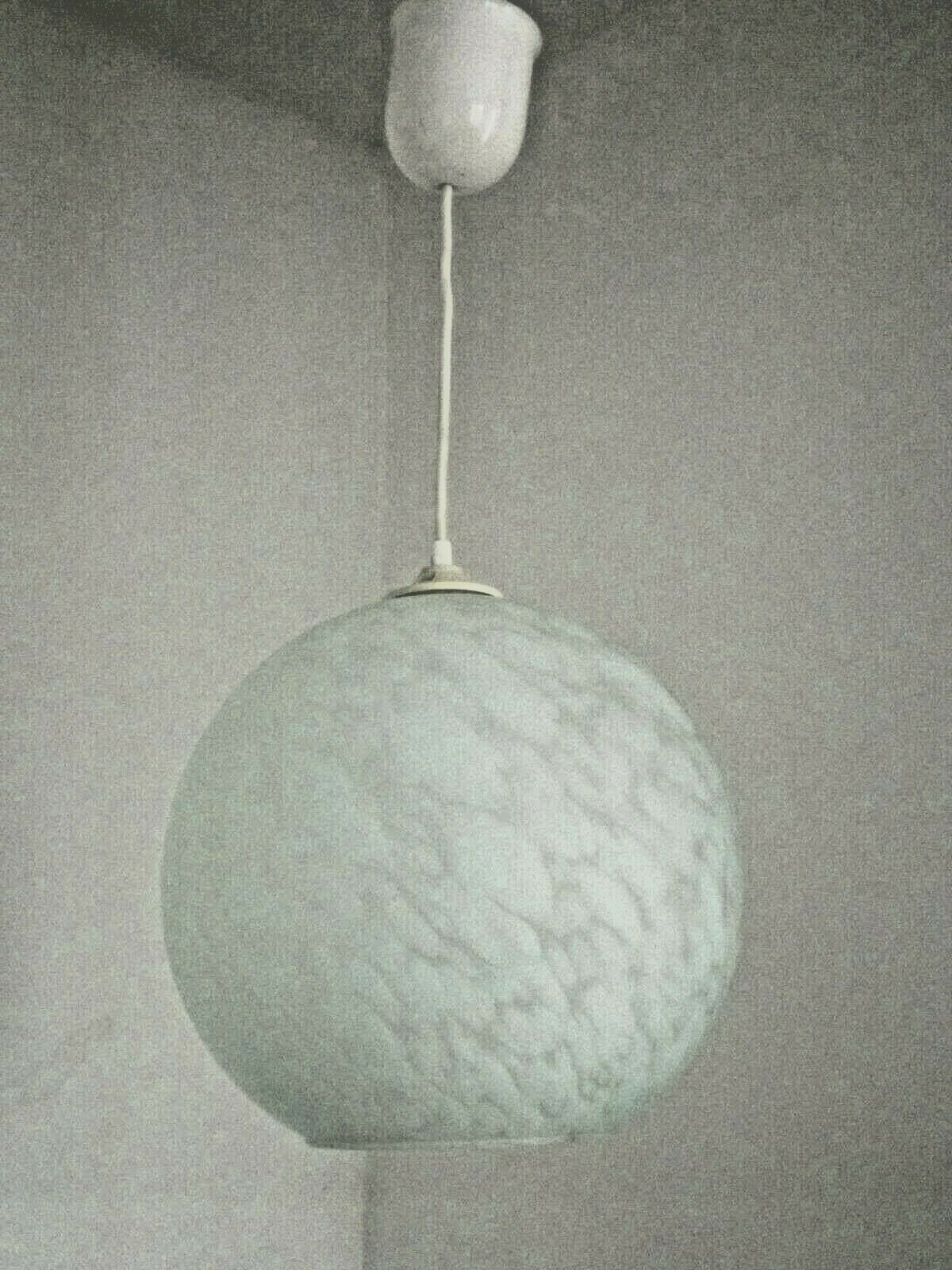 French suspended ceiling light in the shape of a white ball, Clichy 3336 glass shade.