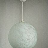 French suspended ceiling light in the shape of a white ball, Clichy 3336 glass shade.