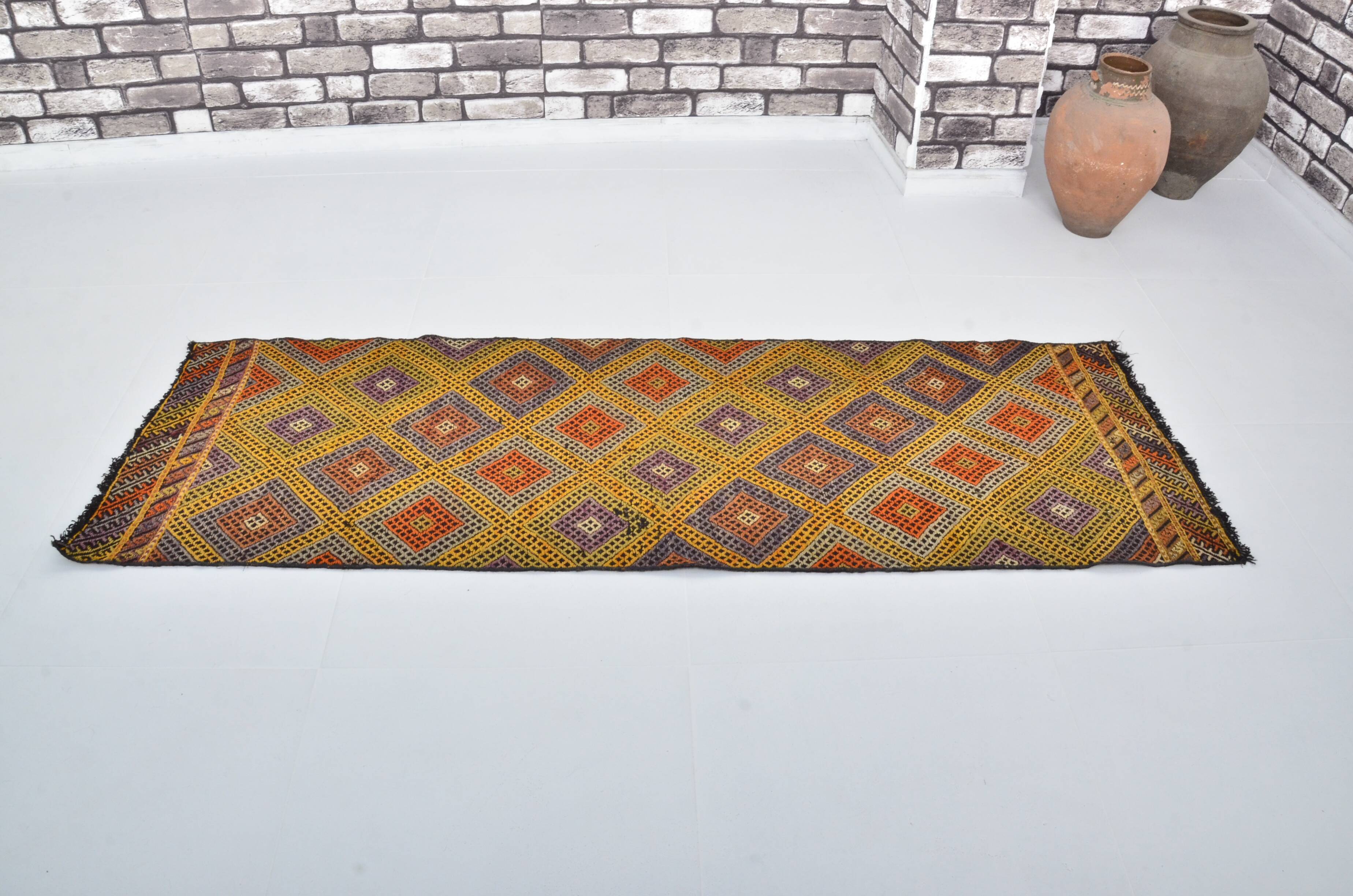 Tapis Kilim en laine tissé à la main de style bohème turc, référence 3401