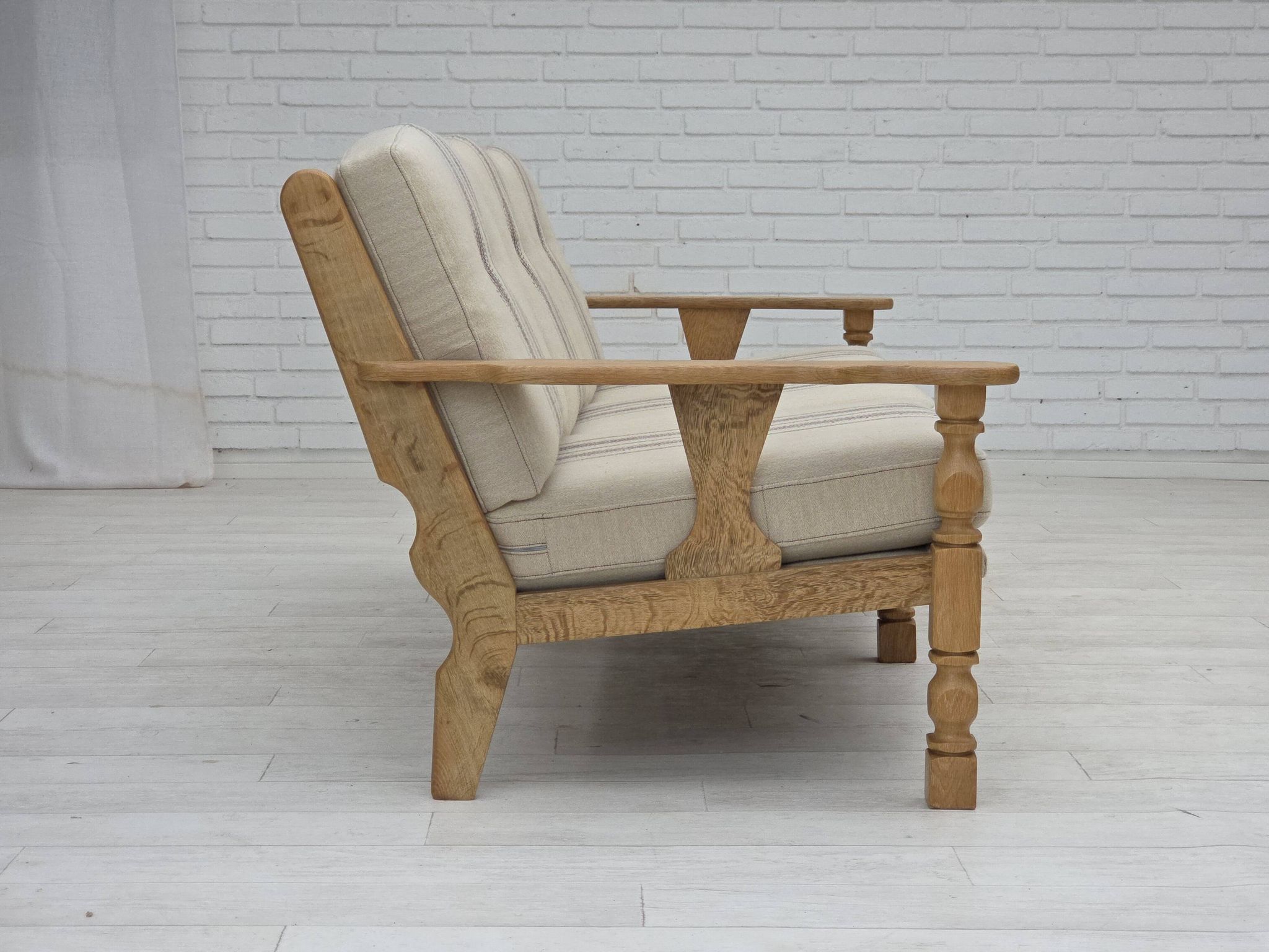 1970s, Danish 3-seater sofa, beige furniture wool, solid oak wood.