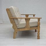 1970s, Danish 3-seater sofa, beige furniture wool, solid oak wood.