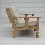 1970s, Danish 3-seater sofa, beige furniture wool, solid oak wood.