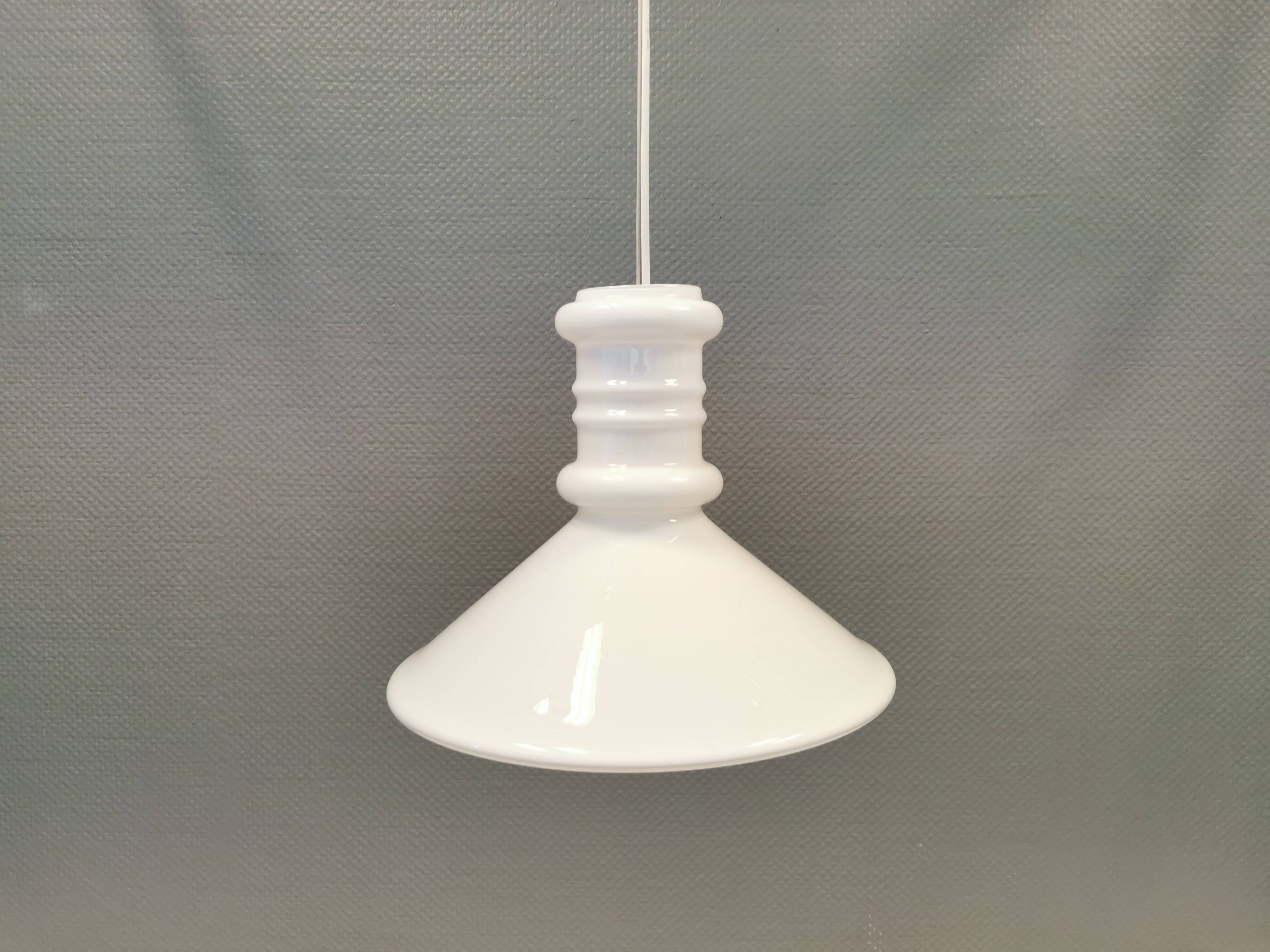 Royal Copenhan hanging lamp in double layer white opal glass. 1980s Denmark.