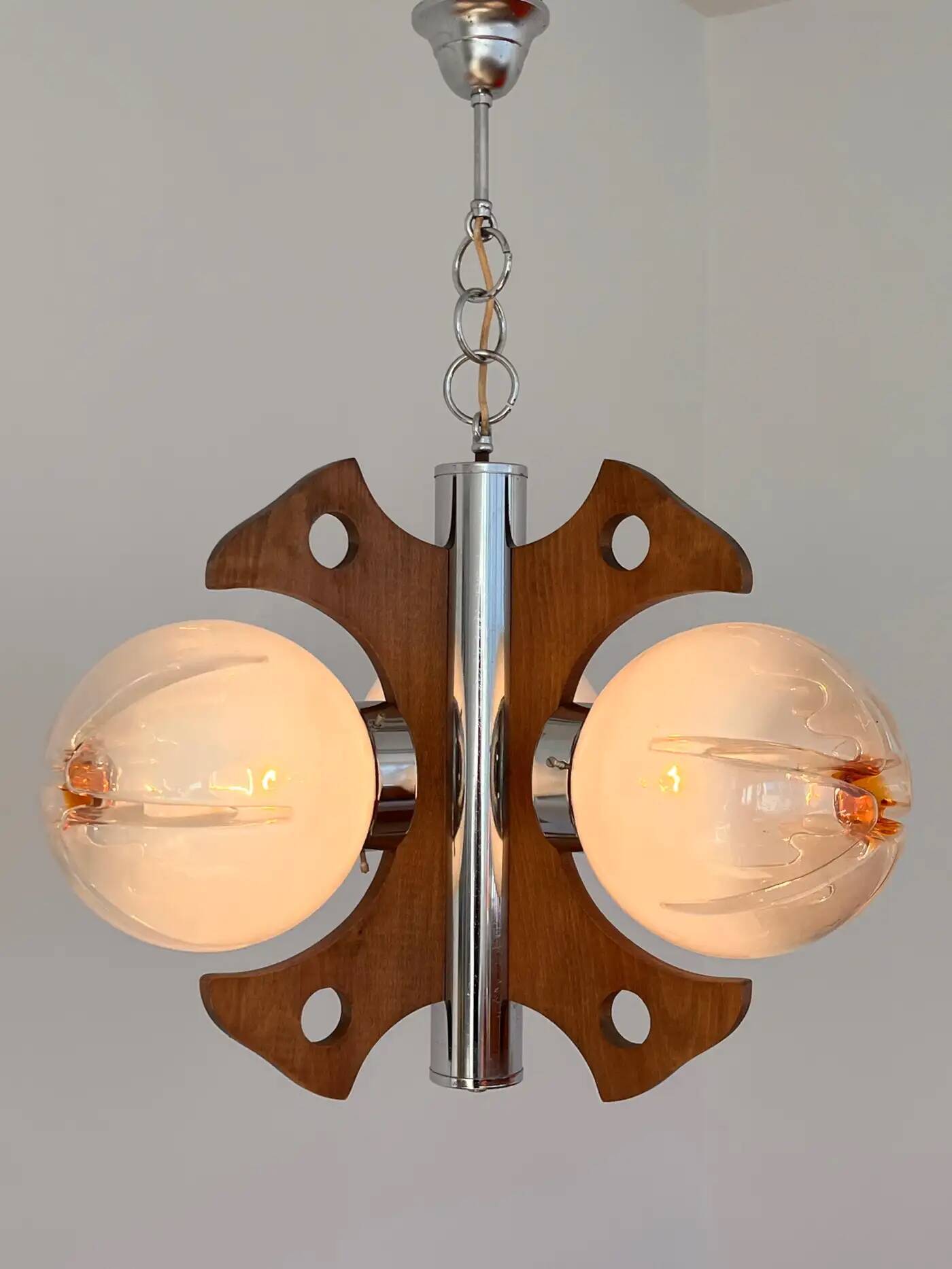 Pendentif / lustre en bois et en verre d'art de Murano - Italie, années 1970