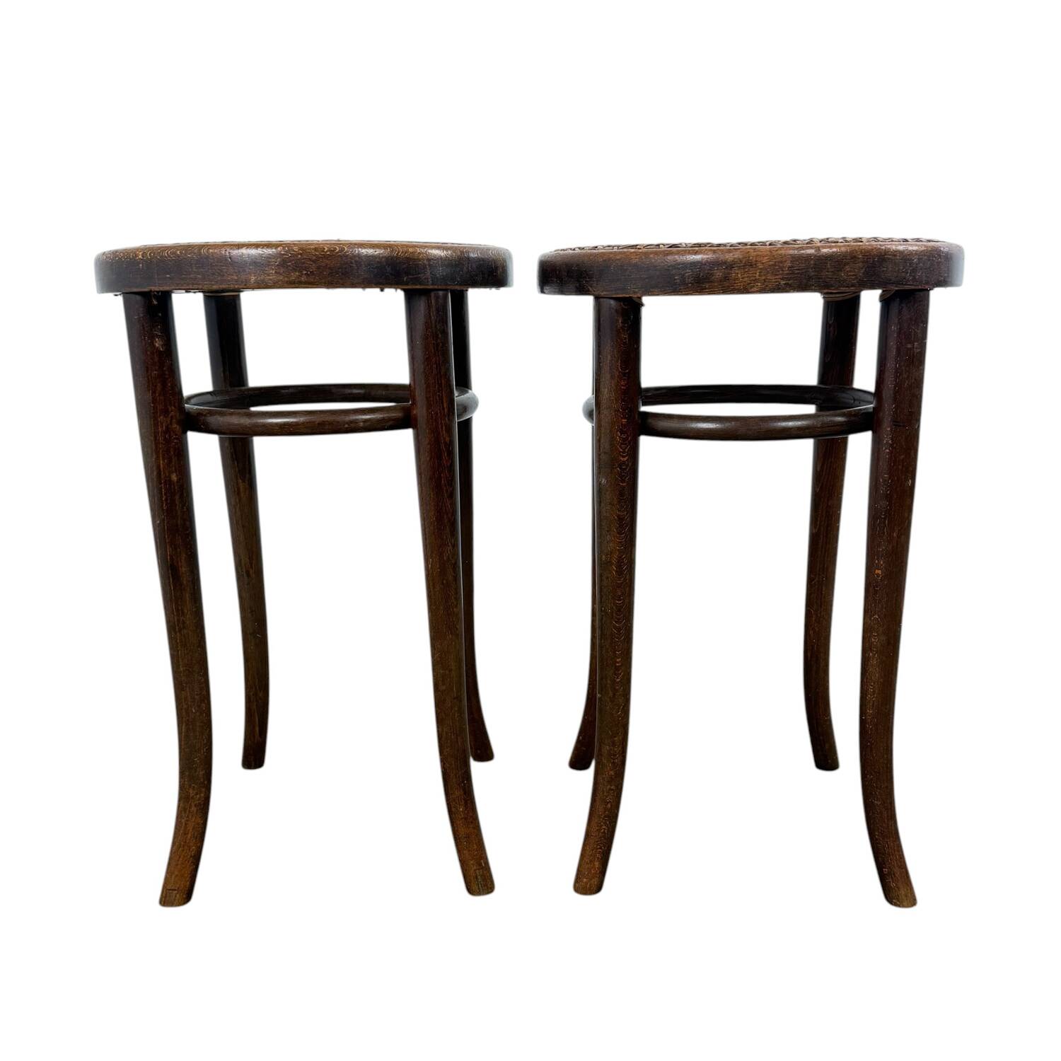 Set of 2 antique Thonet Bentwood Stools with Cane Seats