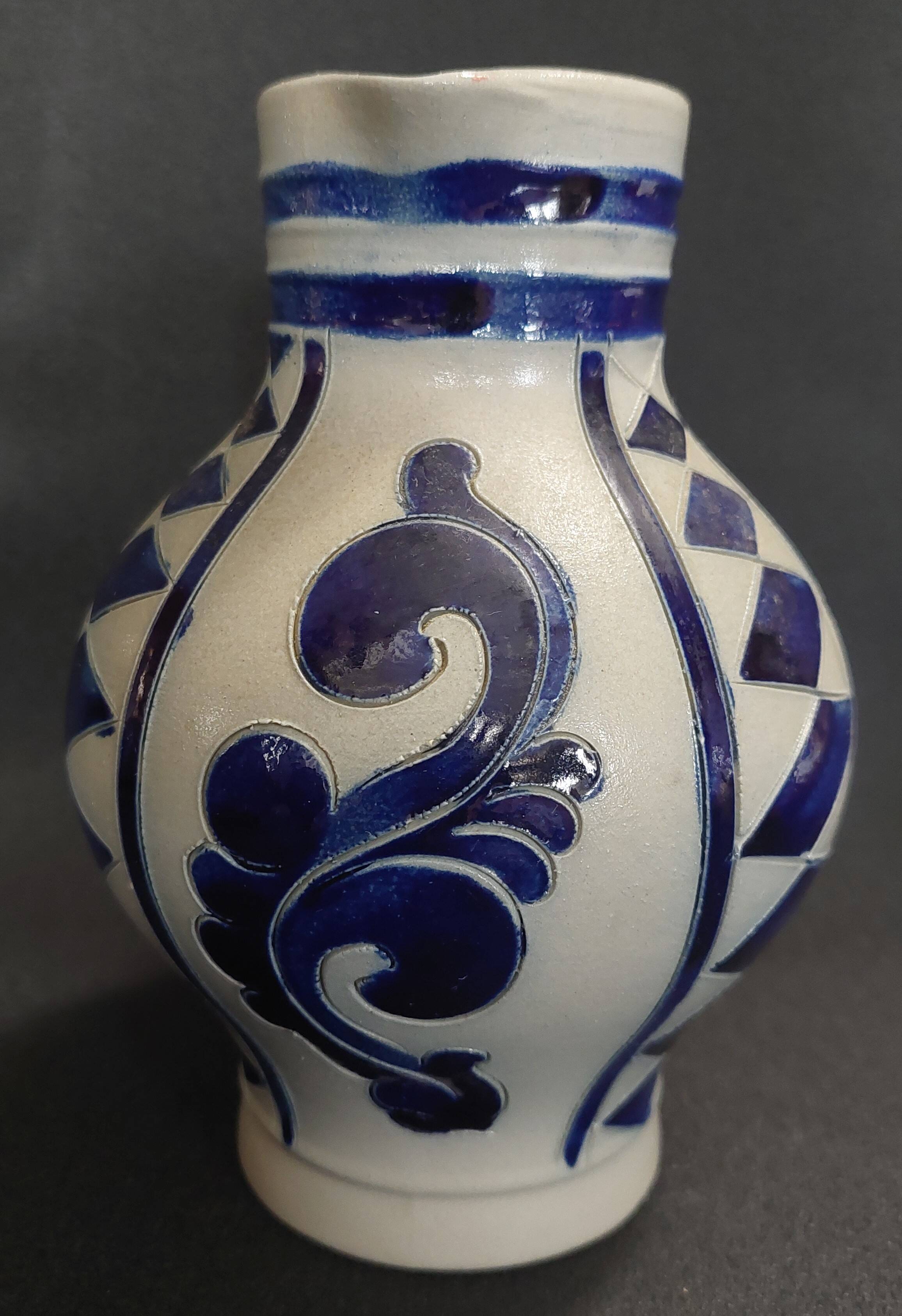 Salt-glazed stoneware jug in cobalt blue, Germany, Westerwald, 20th century.