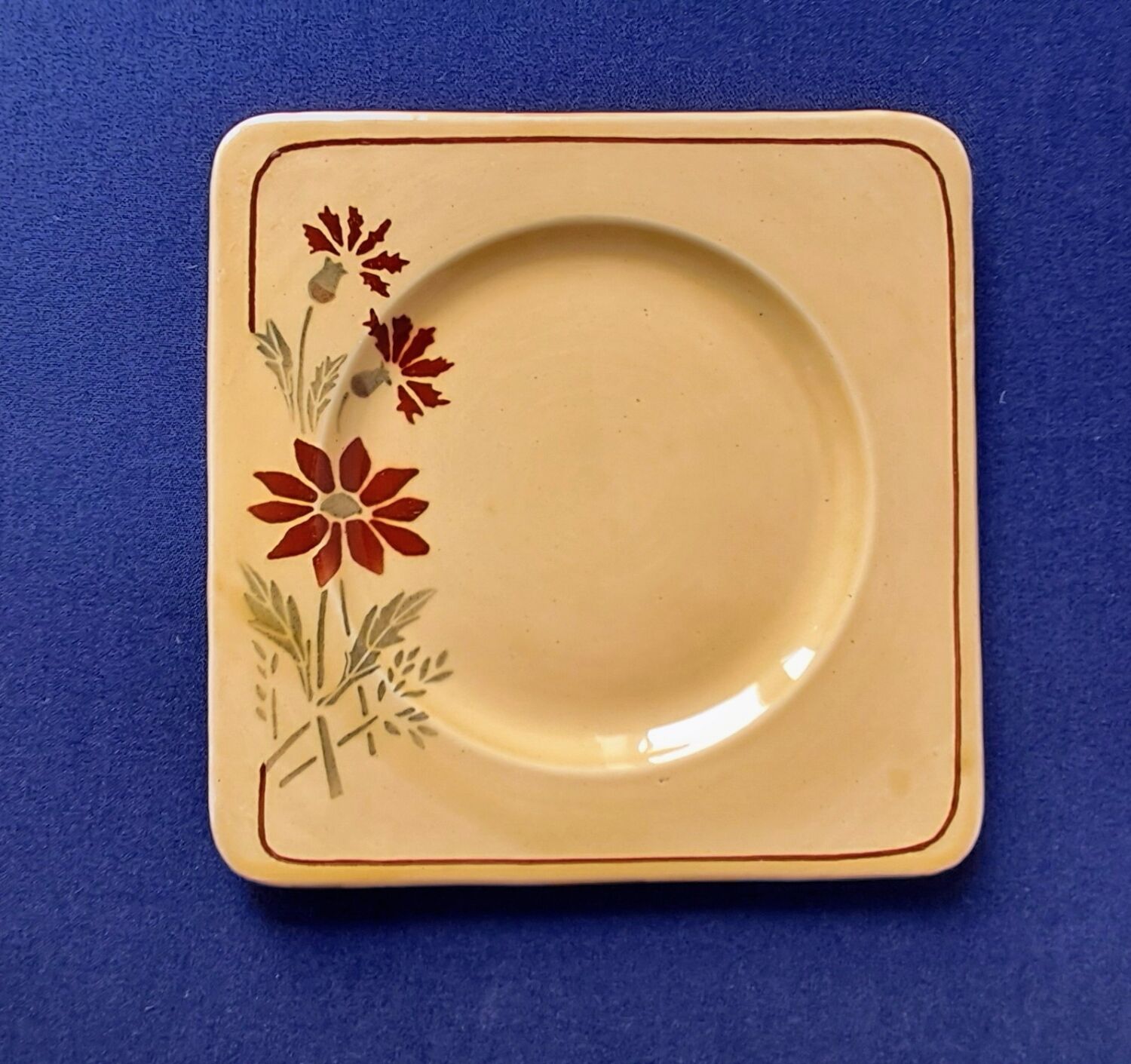 6 square dessert plates, ironstone. 1940s-50s.