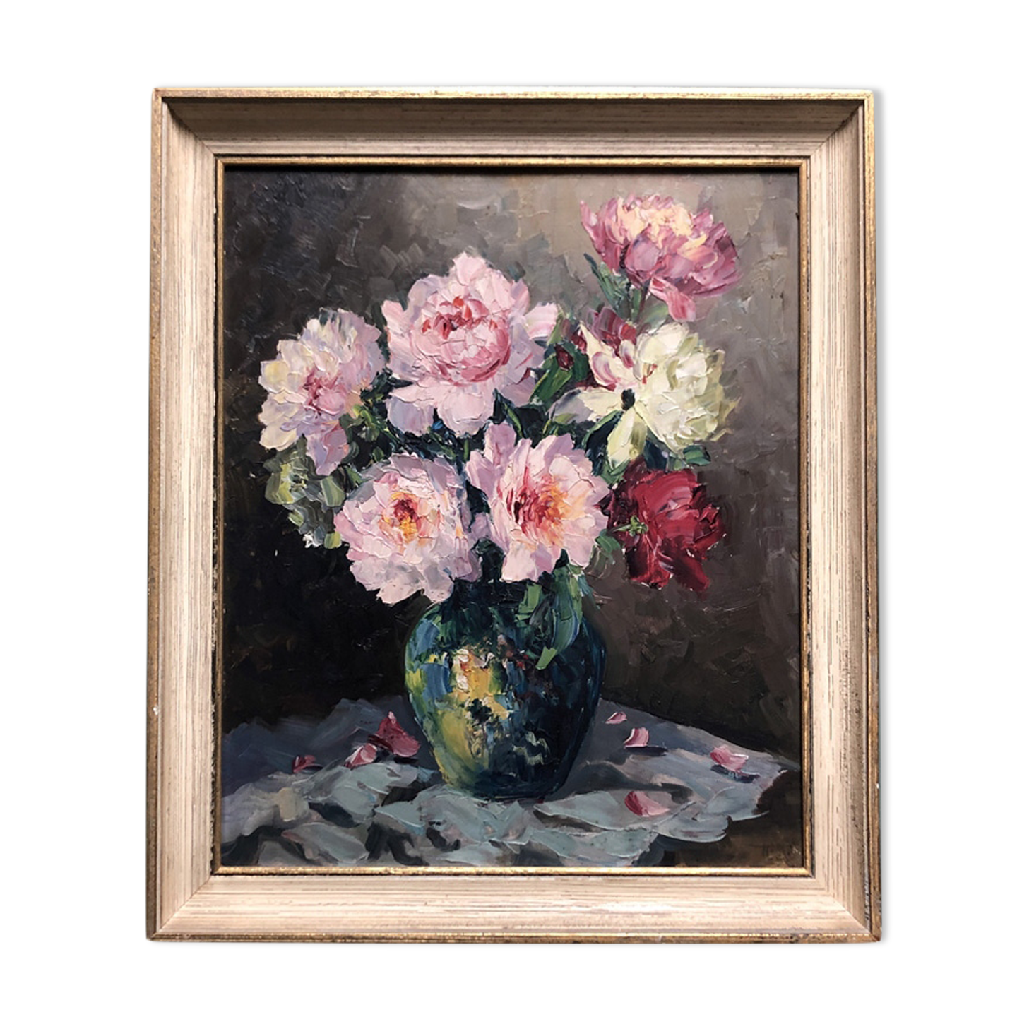 Old painting "Peonies" signed H.Dow
