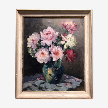 Old painting "Peonies" signed H.Dow