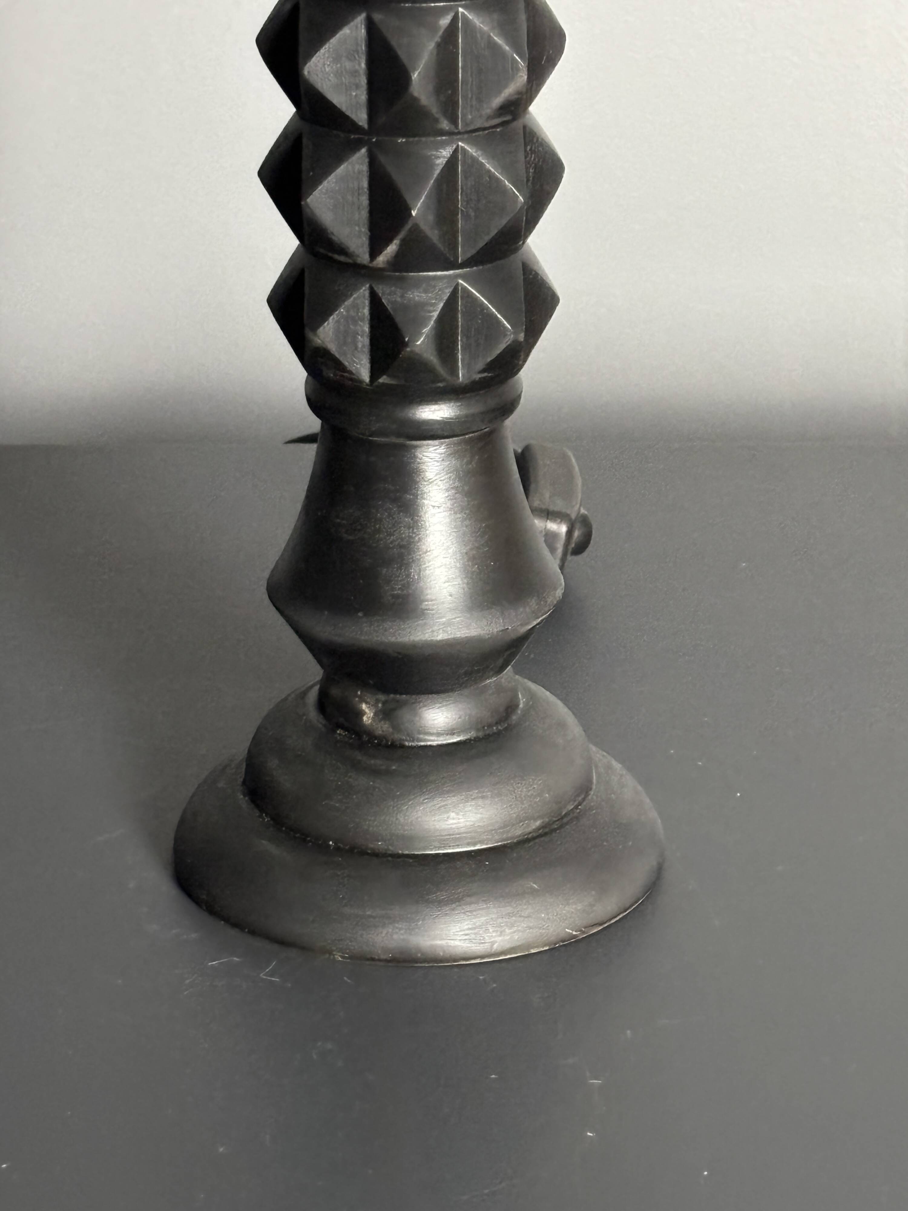 Brutalist wood turned ebonized table lamp in the style of Charles Dudouyt