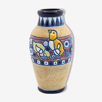 Vase Art Déco Amphora en faïence aux poussins