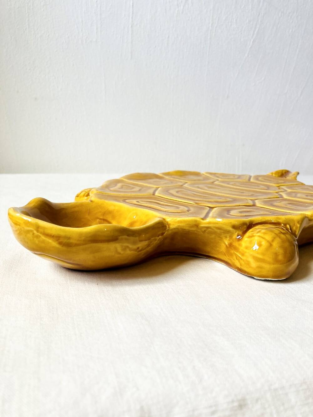 Large mustard yellow ceramic turtle dish, vintage 1950s-1970s.