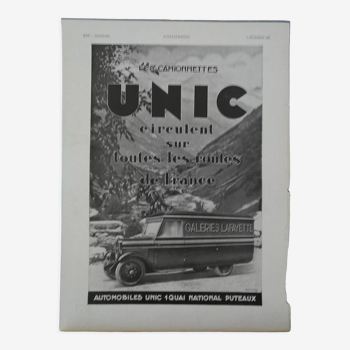Publicité camionnettes UNIC  livraison avec pub Galeries Lafayette 1931