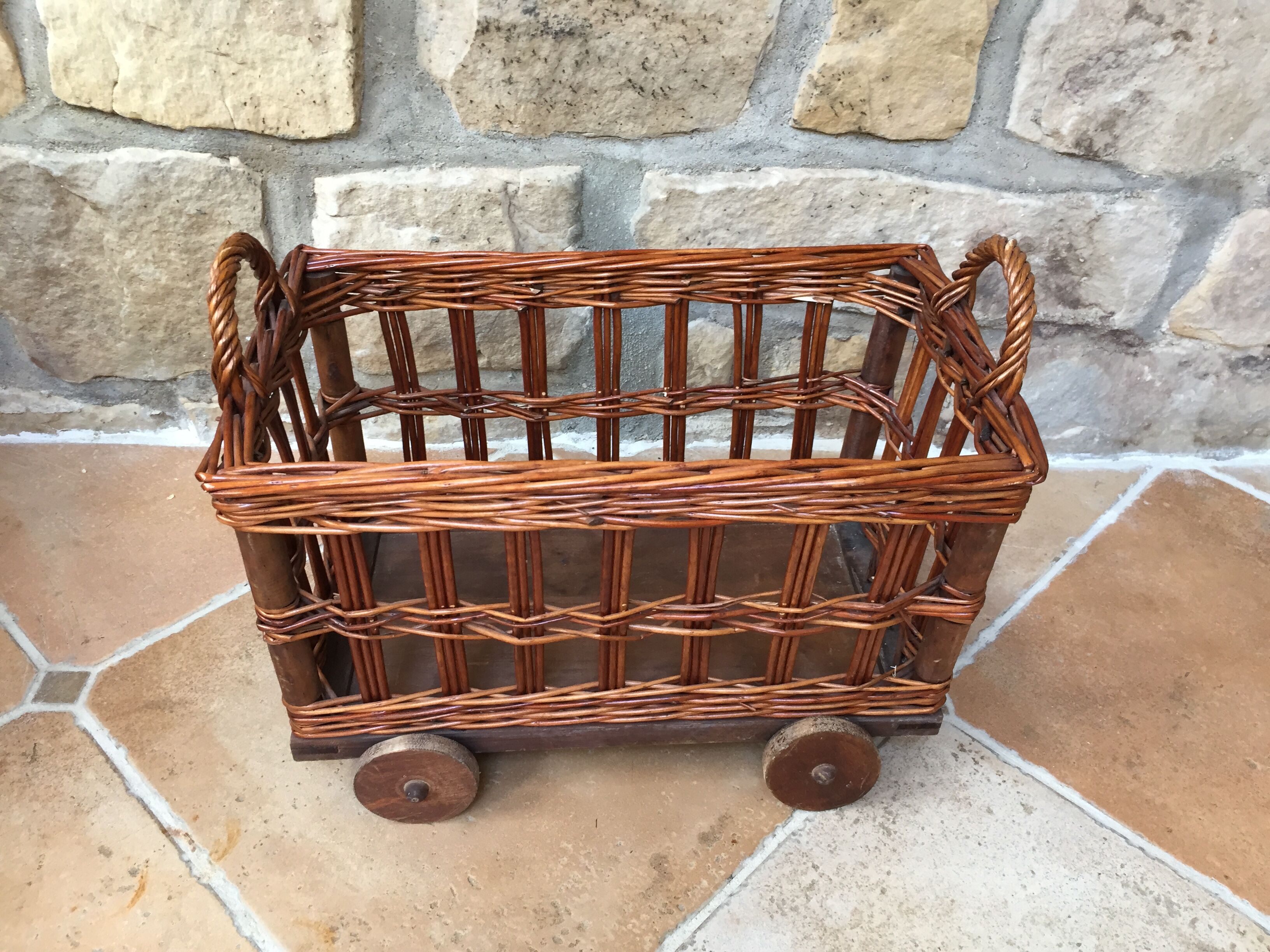 Small wicker wheeled cart