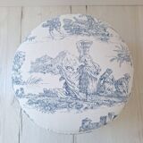 Pouf / Repose pieds vintage en toile de Jouy bleu