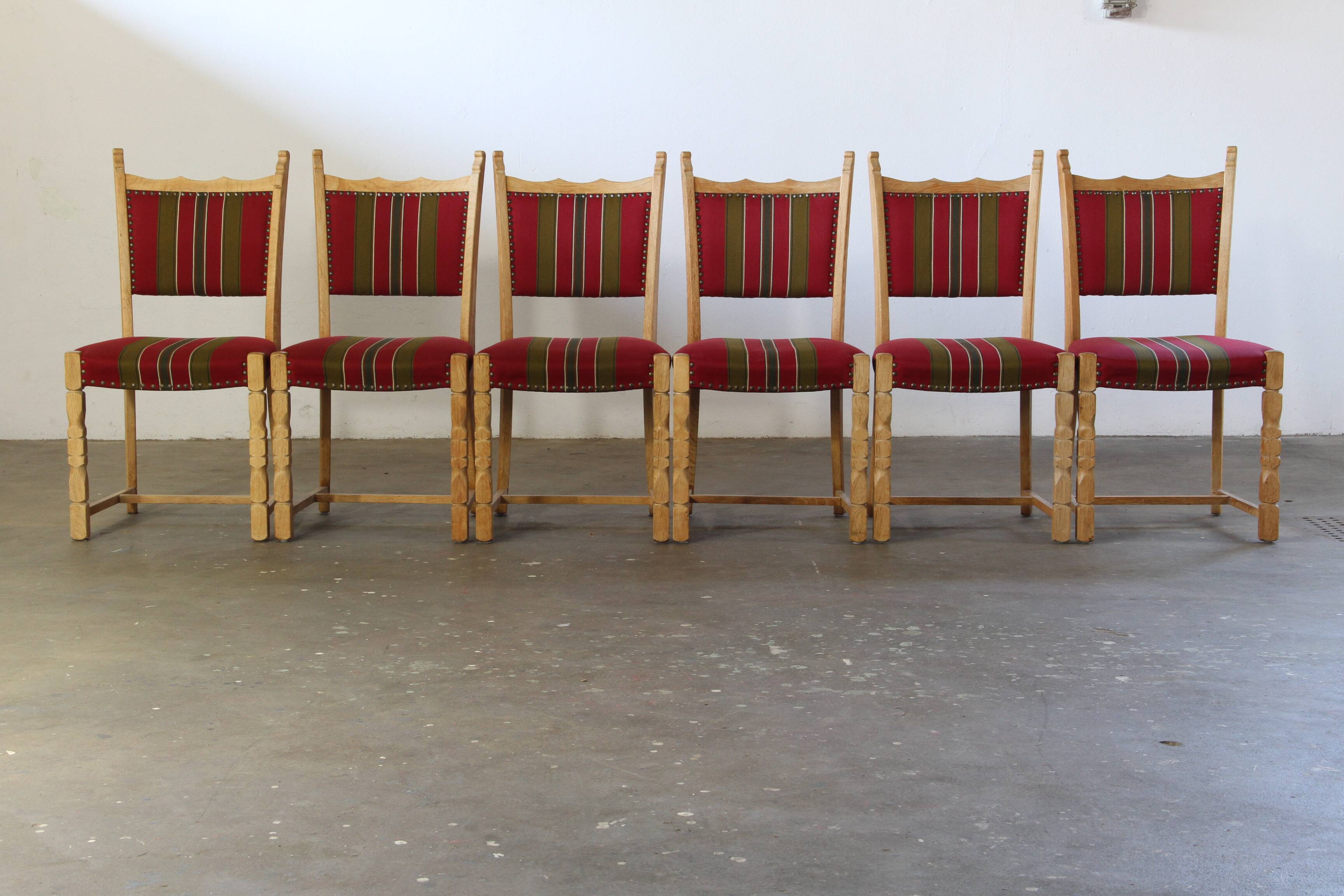 Lot of 6 Vintage Danish Brutalist Oak Dining Chairs, Henning Kjærnulf Style, 1960s