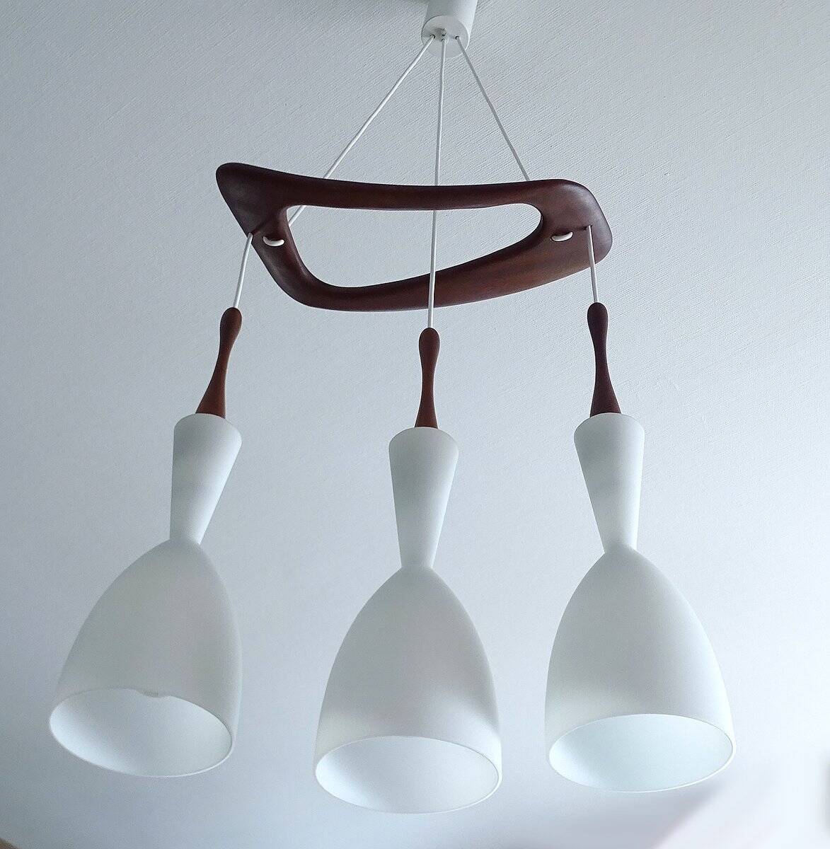 Vintage pendant light in teak and glass from Rispal