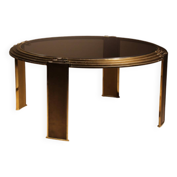Round Coffee Table in Brass & Smoked Glass | Netherlands 1970s