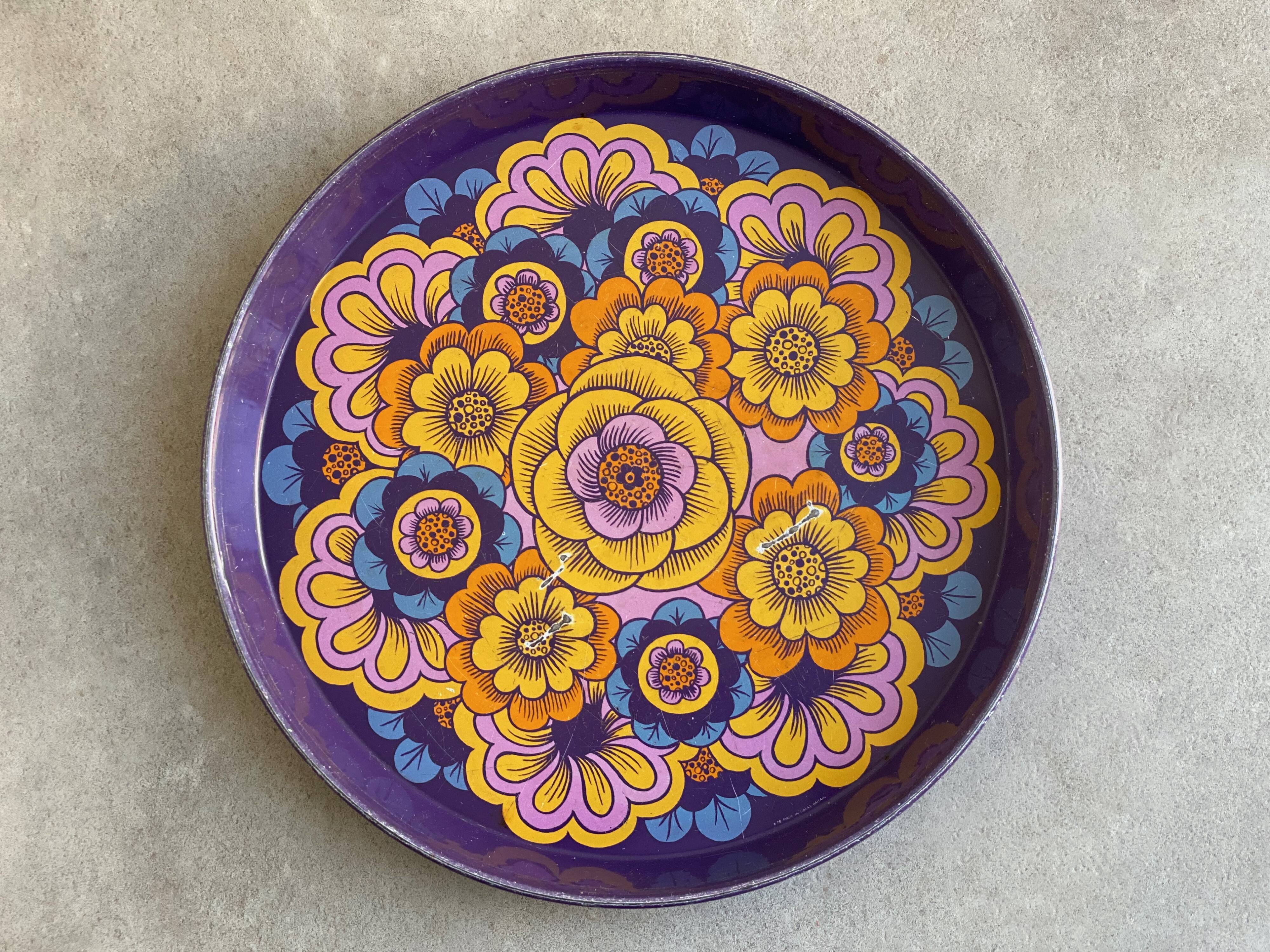 Vintage round tin serving tray, Mandala, Worcester Ware, England
