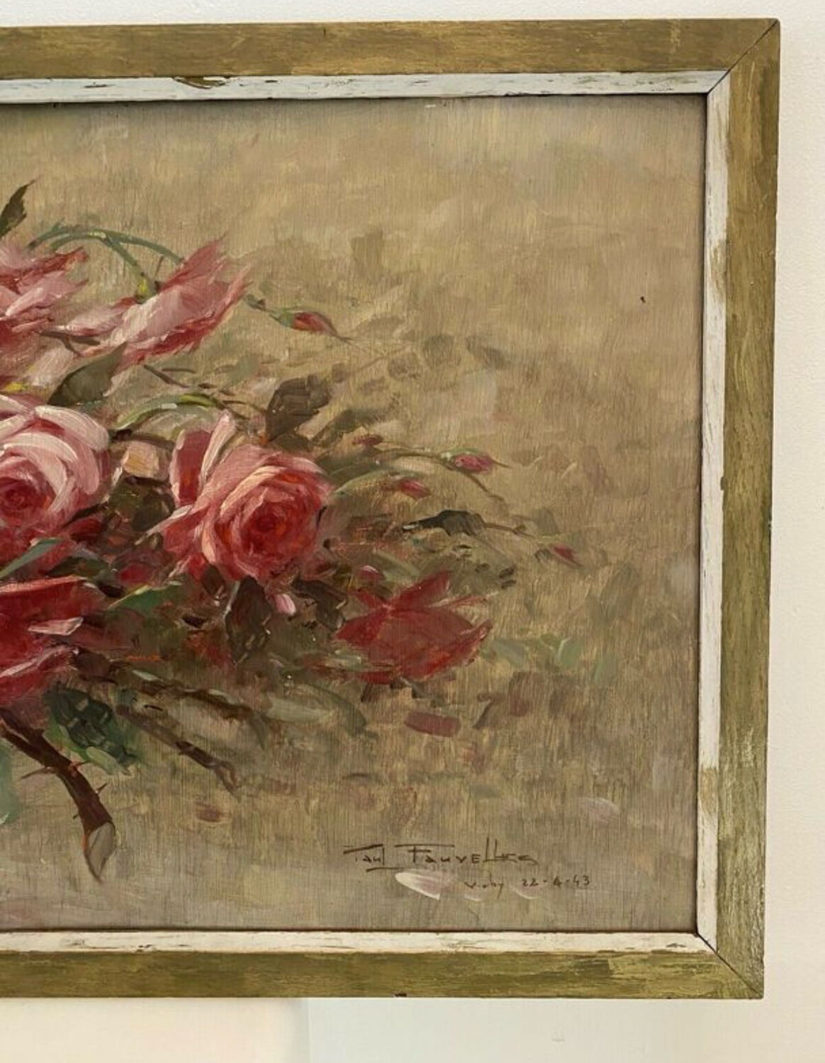 Oil painting on panel of a bouquet of roses signed by Paul Fauvelles 1943.
