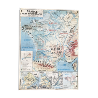Carte de france des reliefs hydrographie de 1967