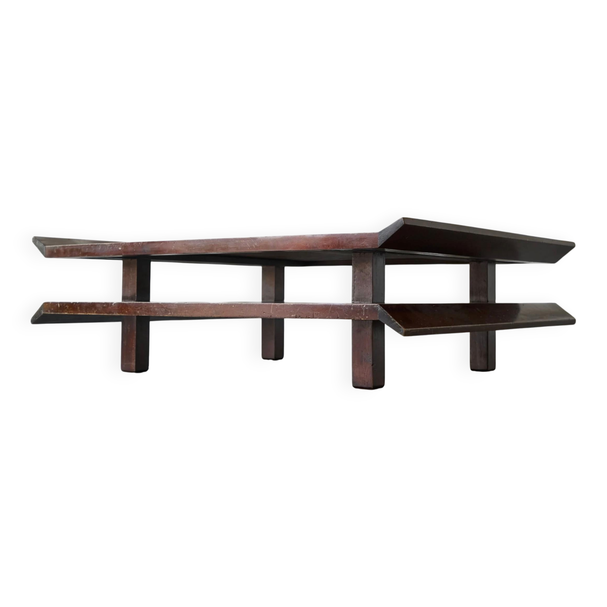 Two-level pagoda coffee table in Wabi-Sabi style, wood and bamboo from the 1970s.