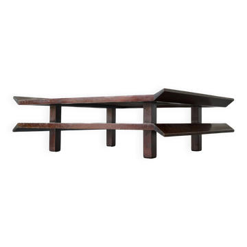 Two-level pagoda coffee table in Wabi-Sabi style, wood and bamboo from the 1970s.