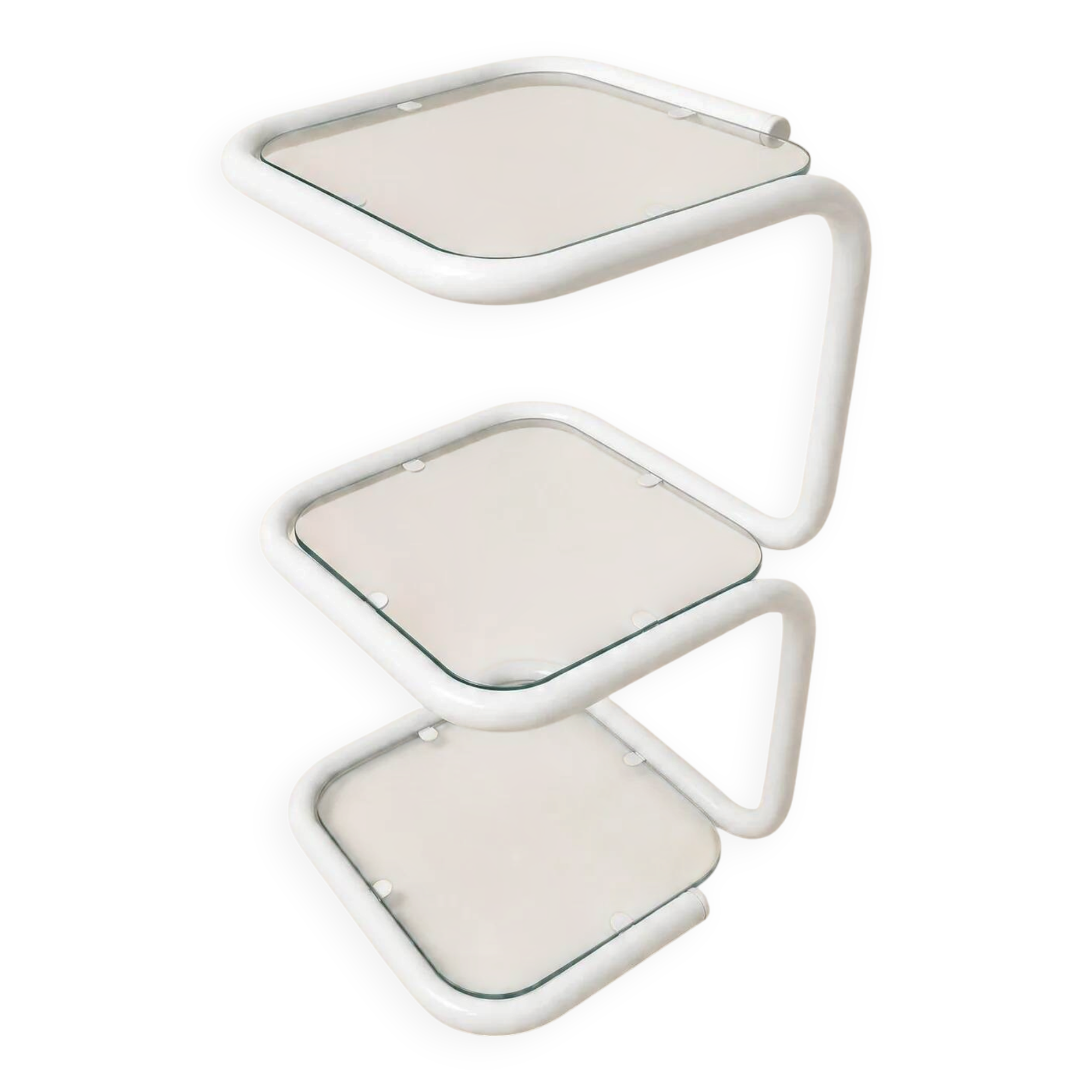 Table d’appoint vintage en métal tubulaire blanc et verre, design moderniste années 1980