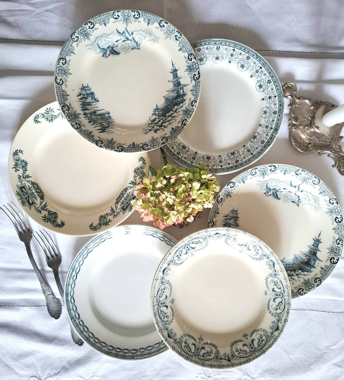 Mismatched antique ironstone dinner plates