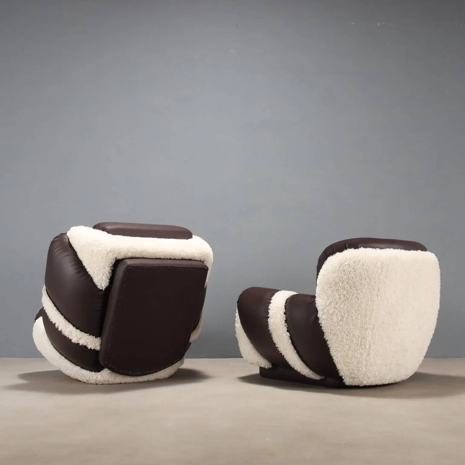 Pair of vintage armchairs in faux leather, foam, design, Italy, 1970s