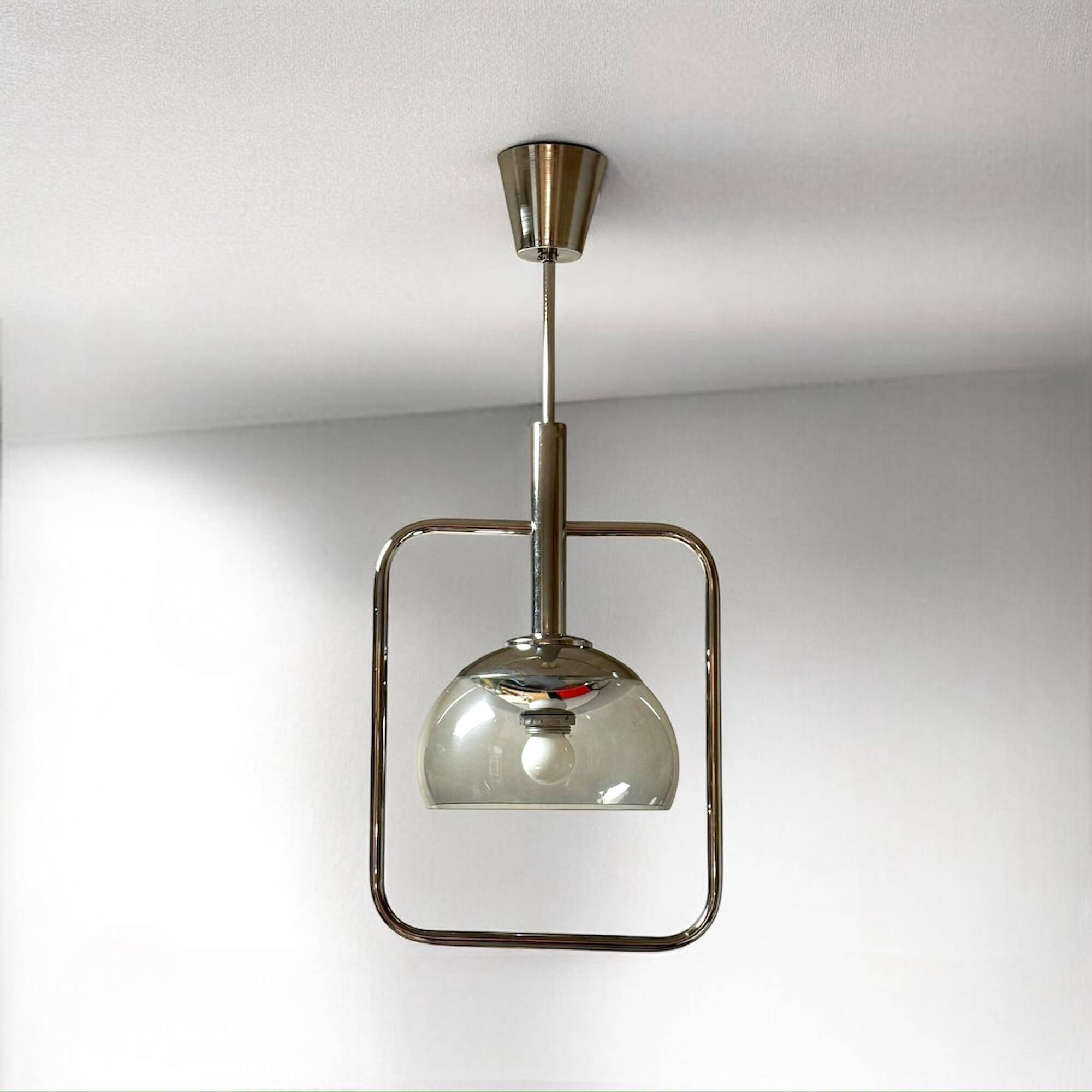 Space Age Pendant Lamp in Chrome Metal and Smoked Plexiglass, 1970s