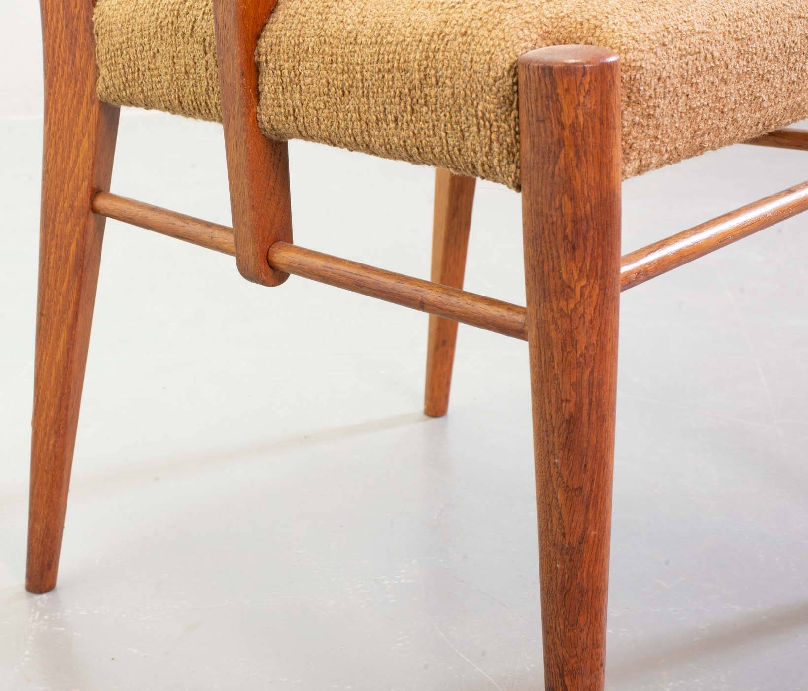 Cees Braakman Dutch Design Wooden Ladder Arm Chairs & Caramel Bouclé Fabric
